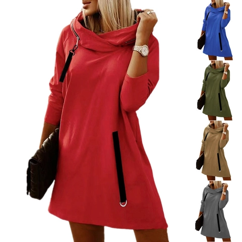 Damen Locker Kapuzenkleid Langarm Midi Kleid Wasserfall Ausschnitt Mit Seitlichem Reißverschluss Elegant Einfarbig A-Linie Sweatkleid Herbst Winter