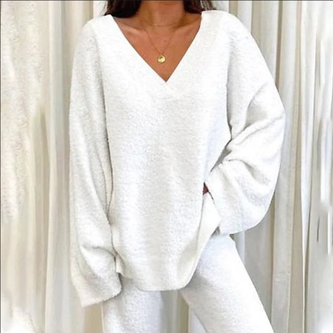 Ensemble d'Intérieur Chaud d'Hiver pour Femme Col en V Haut à Manches Longues Et Pantalon Pyjama en Polaire Doux Deux Pièces