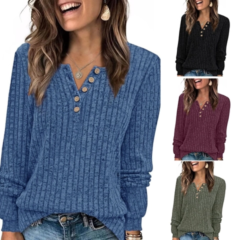 Γυναικείο Ραβδωτό Πλεκτό T-shirt Henley Μακρύ Μανίκι Casual Ξύλινα Κουμπιά Λαιμόκοψη V Μονόχρωμο Φθινόπωρο Χειμώνας Top