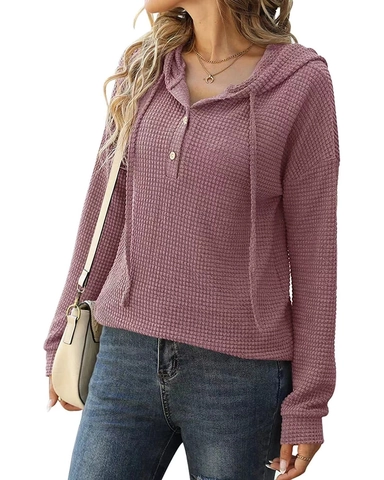 Dames Casual Wafelbreisel Trui met Capuchon Losse Lange Mouw Knoop Pullover Gebreide Top Effen Kleur Mode Herfst