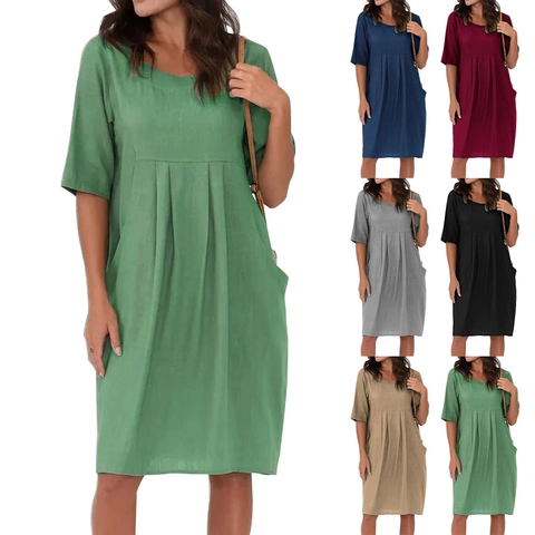 Women Casual Cotton Linen Blend Dress Short Sleeve Round Neck Solid Color Pleated Midi Loose Dress With Pockets
