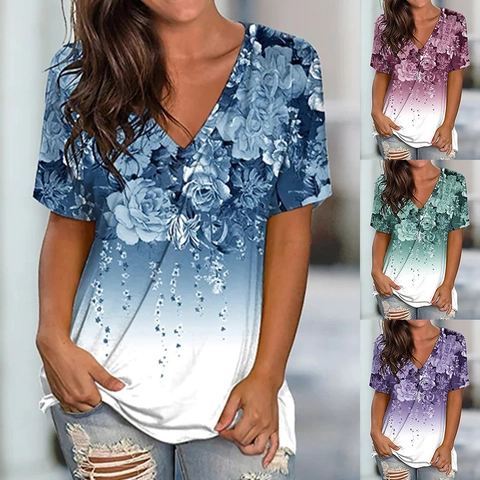 Damen Kurzarm T-Shirt mit Blumendruck V-Ausschnitt Sommer Locker Farbverlauf Lässig Pullover Oberteil