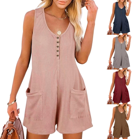 Women Casual Sleeveless Romper Waffle Knit Polyester Jumpsuit With Button Pocket Loose Top And Bottom For Summer Beach Vacation