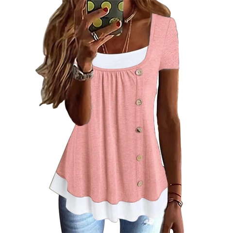 Damen Casual Falsches Zweiteiler Kurzarm T-Shirt Rundhals Geraffte Vorderseite Mit Dekonöpfen Sommer Lockeres Top