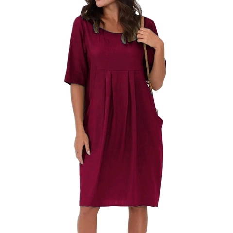 Women Casual Loose Round Neck Half Sleeve Midi Dress With Pleated Pockets Solid Color Polyester Relaxed Fit Soft Summer Dress
