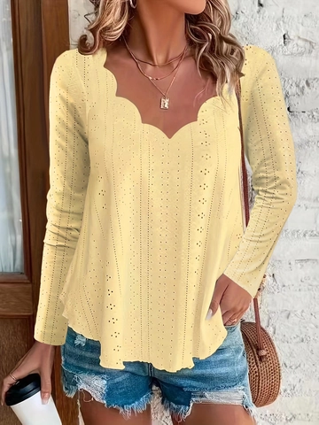 Women Plus Size Scalloped V Neck Long Sleeve Blouse Eyelet Hollow Out Jacquard Elegant Commute Polyester Spandex Top
