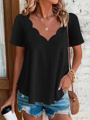 Women Scalloped V Neck Eyelet Embroidery T Shirt Casual Summer Short Sleeve Solid Color Bohemian Chic Elegant Daily Top