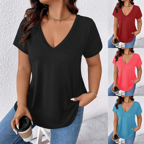 Maglietta Casual da Donna con Scollo a V a Maniche Corte Tinta Unita in Poliestere Top Estivo Vestibilità Regolare Abbigliamento Elegante