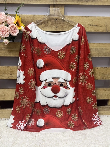 Haut de Noël Pour Femmes Imprimé Père Noël Col en V Manches Longues Décontracté Polyester Brossé Pullover T Shirt de Fête Hiver