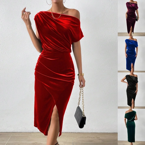 Vestido Midi Elegante de Terciopelo con Hombros Descubiertos Drapeado Asimétrico Abertura Alta Bodycon para Fiesta Boda Mujer