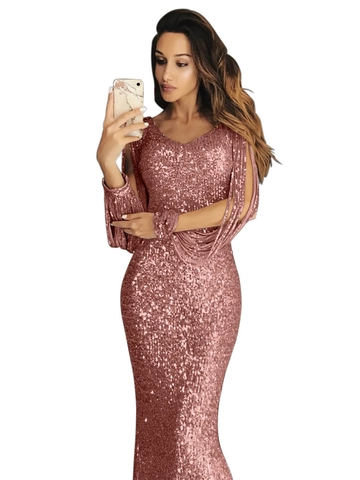 Elegant Sequin Long Sleeve Evening Gown For Women Fringe V Neck Fishtail Banquet Party Dress Maxi Wedding Guest Dress
