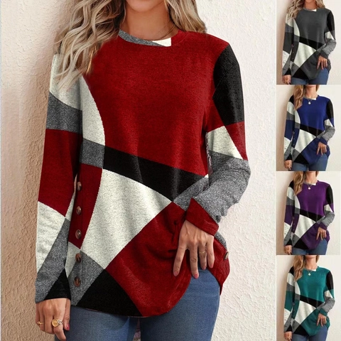 Women's Geometric Color Block Long Sleeve T-Shirt Casual Round Neck Pullover Top With Decorative Side Buttons Polyester Blend