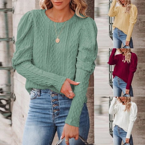 Maglione Casual da Donna in Maglia a Trecce Maniche a Sbuffo Girocollo Tinta Unita Allentato Top Pullover per Autunno Inverno