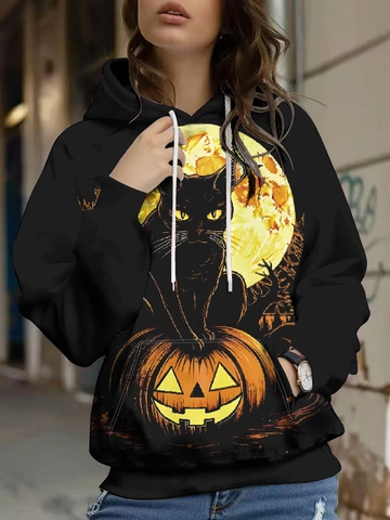 Women's Halloween Hoodie Long Sleeve Digital Print Pumpkin Cat Graphic Loose Sweatshirt Pullover Top