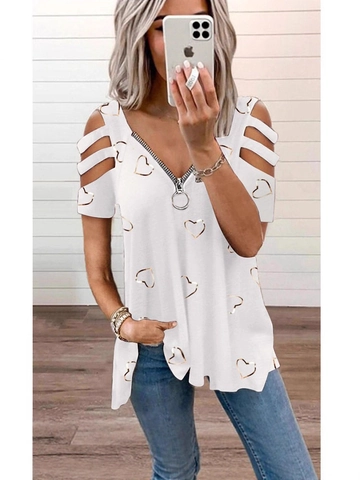Maglietta da Donna con Scollo a V Cerniera Spalle Scoperte Stampa Cuore Casual Allentata Manica Corta Top Moda Estate Streetwear