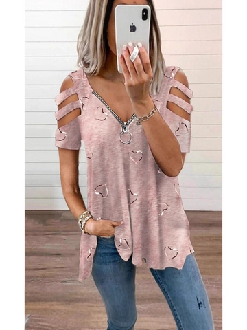 Maglietta da Donna con Scollo a V Cerniera Spalle Scoperte Stampa Cuore Casual Allentata Manica Corta Top Moda Estate Streetwear