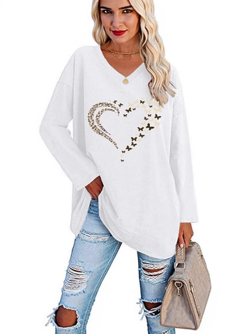Damen V-Ausschnitt Langarm T-Shirt Herz Leopard Schmetterling Druck Lockerer Pullover Polyester Elasthan Casual Herbst Top