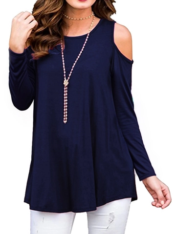 Women Casual Cold Shoulder Long Sleeve T-Shirt Round Neck Solid Color Loose Fit Polyester Spandex Top Fashion Clothing