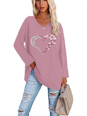 Damen V-Ausschnitt Langarm T-Shirt Herz Leopard Schmetterling Druck Lockerer Pullover Polyester Elasthan Casual Herbst Top
