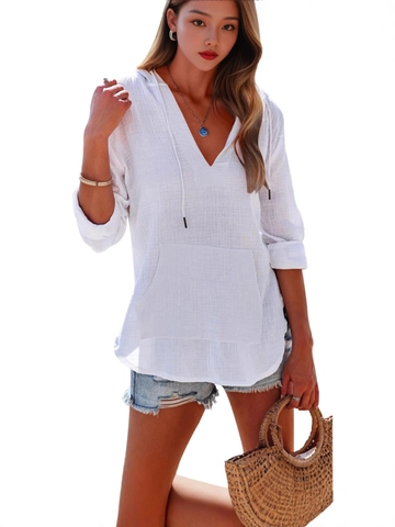 Damen Casual V-Ausschnitt Kapuzen Chiffon Top Langarm Lockerer Pullover Bluse Mit Kängurutasche Kordelzug Einfarbig Hemd