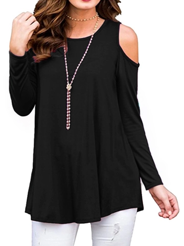 Women Casual Cold Shoulder Long Sleeve T-Shirt Round Neck Solid Color Loose Fit Polyester Spandex Top Fashion Clothing