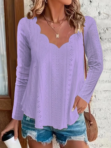 Women Plus Size Scalloped V Neck Long Sleeve Blouse Eyelet Hollow Out Jacquard Elegant Commute Polyester Spandex Top