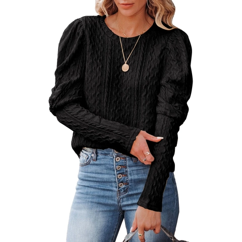 Maglione Casual da Donna in Maglia a Trecce Maniche a Sbuffo Girocollo Tinta Unita Allentato Top Pullover per Autunno Inverno
