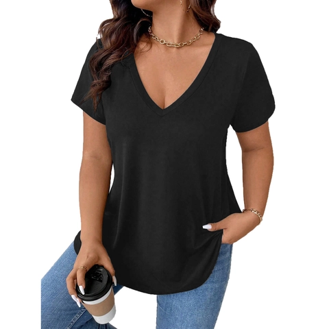 Maglietta Casual da Donna con Scollo a V a Maniche Corte Tinta Unita in Poliestere Top Estivo Vestibilità Regolare Abbigliamento Elegante