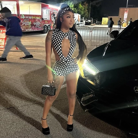 Dames Sexy Polka Dot Halter Romper Met Bijpassende Hoofdband Sleutelgat Uitgesneden Rugloos Slanke Pasvorm Jumpsuit Clubwear