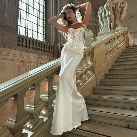 Conjunto de Dos Piezas de Top de Corsé de Encaje Vintage Francés y Falda Larga de Satén Elegante Bustier Floral Top Blanco Conjunto Mujer