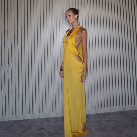 Vestido Largo Sexy para Mujer con Cuello en V Profondo y Halter Espalda Descubierta Amarillo Satin Plisado Recortes Noche Fiesta