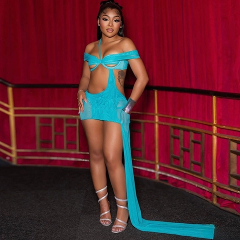 Ensemble Deux Pièces Femme Sexy Avec Découpes Dos Nu En Maille Jupe Courte Asymétrique À Longue Traîne Tenue De Soirée Club