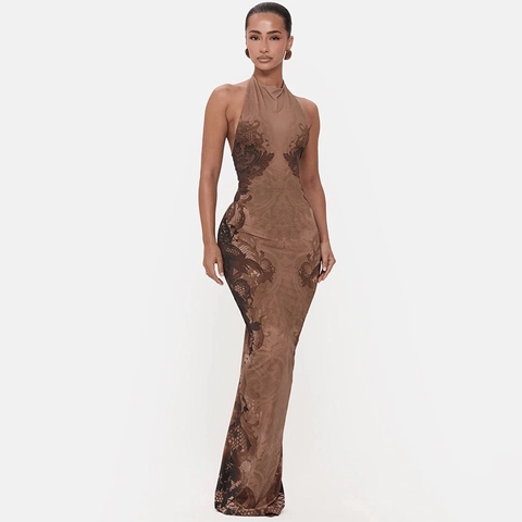 Damen Vintage Blumen Spitze Druck Halter Neck Rückenfrei Maxi Kleid Sexy Slim Fit Bodycon Polyester Elasthan Lange Party Kleid