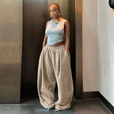 Pantaloni Donna Vita Alta in Velluto a Coste Gamba Larga Larghi Casual Dritti Tinta Unita Moda Autunno Streetwear