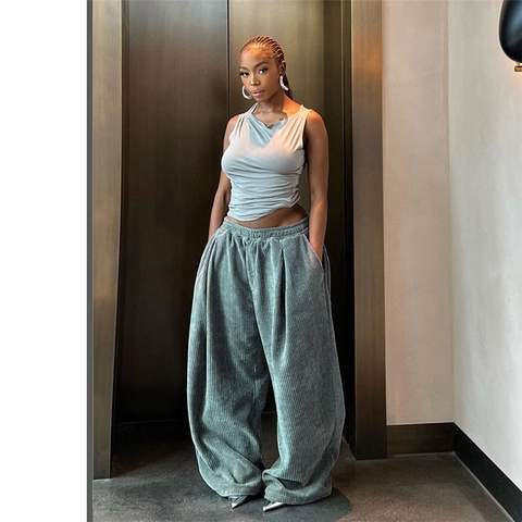 Pantaloni Donna Vita Alta in Velluto a Coste Gamba Larga Larghi Casual Dritti Tinta Unita Moda Autunno Streetwear