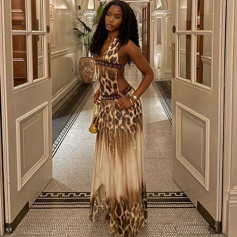 Abito Maxi Sexy con Stampa Leopardata Donna Scollo a V Profondo Cut Out Senza Schienale Vestito Estivo Sfumato per Feste Vacanze