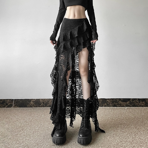 Sexy Gothic Zwart Kant Asymmetrische Rok Vrouwen Gelaagde Ruffle Opengewerkt Lang Mesh Hoge Taille Steampunk Rok