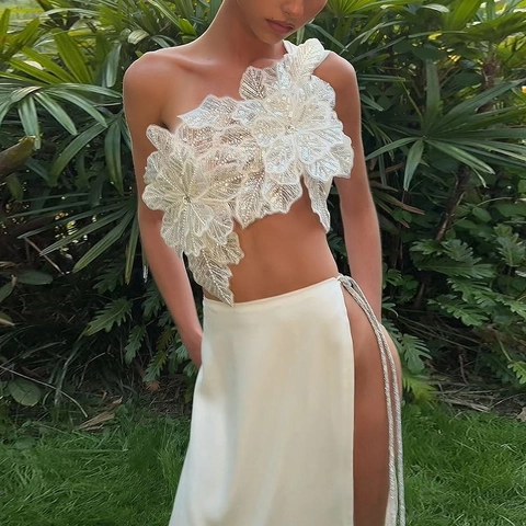Donna Sexy Monospalla Top con Fiori 3D Paillettes E Gonna Lunga in Raso con Spacco Alto Completi per Festa Matrimonio