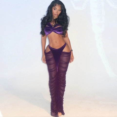 Damen Sexy Samt Verdreht Schlauchoberteil Und Hohe Taille Gerüscht Mesh Patchwork Langer Rock Für Party Clubwear Outfit