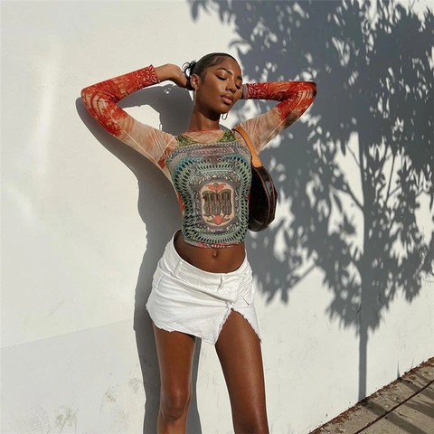 Women Vintage Mesh Long Sleeve Top Retro Banknote Print Slim Fit Round Neck Streetwear Y2K Mesh T-Shirt Sexy See Through Top