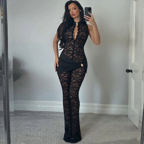 Sexy Lace Sleeveless Jumpsuit For Women Hollow Out High Waist Flare Leg Long Pant Party Nightclub Slim Fit Floral Bodysuit