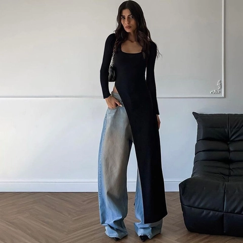 Women Fashion Street Style Long Sleeve High Slit Slim Fit T-Shirt Solid Color Asymmetrical Hem Long Top Casual Maxi Tee