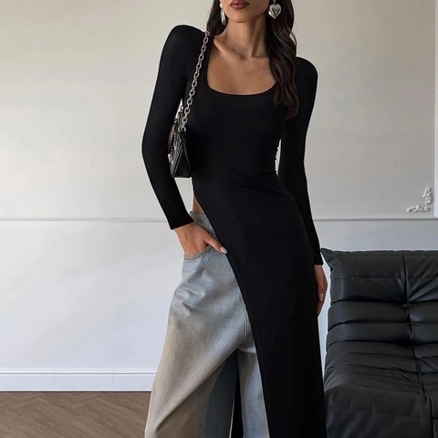Women Fashion Street Style Long Sleeve High Slit Slim Fit T-Shirt Solid Color Asymmetrical Hem Long Top Casual Maxi Tee