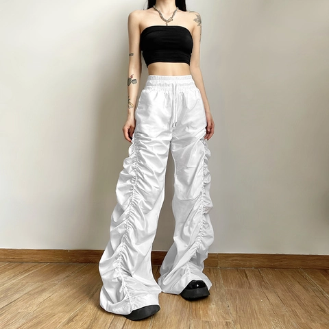 Damen Hohe Taille Gerafft Weites Bein Cargo Hose Mode Streetwear Kordelzug Solid Farbe Sommer Casual Hose