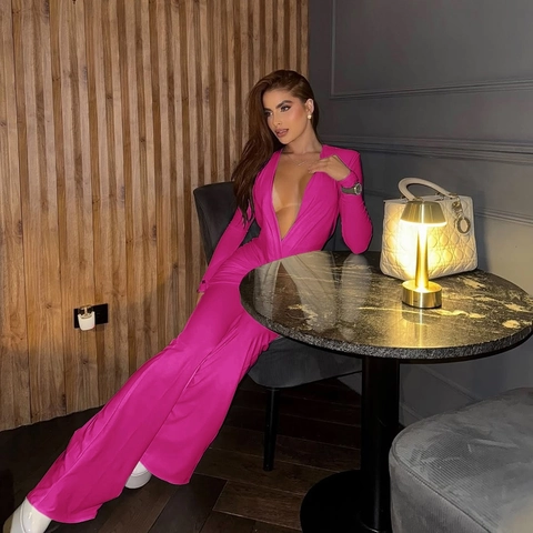 Women Sexy Deep V Neck Long Sleeve Jumpsuit Ruched Slim Fit Flared Leg Solid Color Elegant Night Out Party Overalls