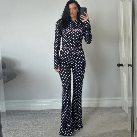 Women Sexy Polka Dot Two Piece Set Long Sleeve Hooded Crop Top And Flared Pants Slim Fit Y2K Outfits Streetwear Suits
