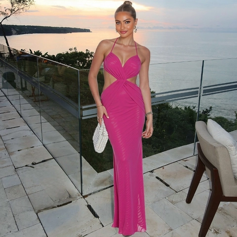Damen Sexy Neckholder Ausschnitt Rückenfrei Maxikleid Fuchsia V-Ausschnitt Mesh Gerafft Slim Fit Abendparty Langes Kleid Urlaub Outfit
