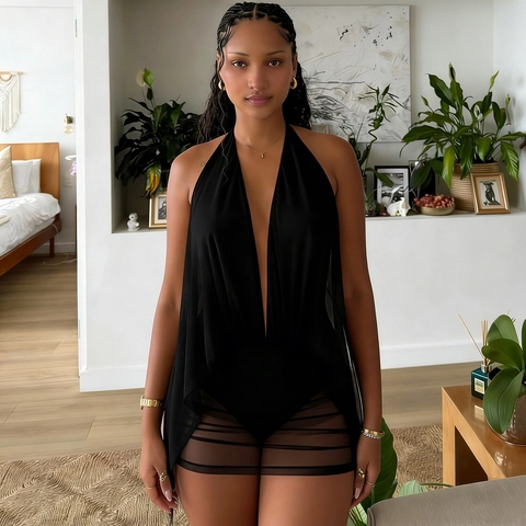 Women Sexy Deep V Halter Backless Mesh Ruched Bodycon Mini Dress Sleeveless Club Party Dress Polyester Spandex Apparel