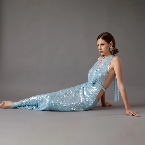 Elegantes Hellblaues Pailletten Maxi Kleid Sexy Halter Wasserfall Ausschnitt Rückenfrei Bodenlang Gown Mit Hohem Schlitz Damen