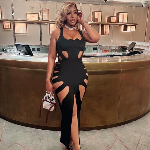Women Sexy Cut Out High Slit Maxi Dress Sleeveless Bodycon Solid Color Backless Party Evening Long Dress Night Clubwear